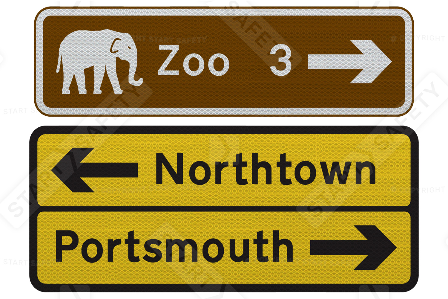 Example of directional tourist and diversion signs