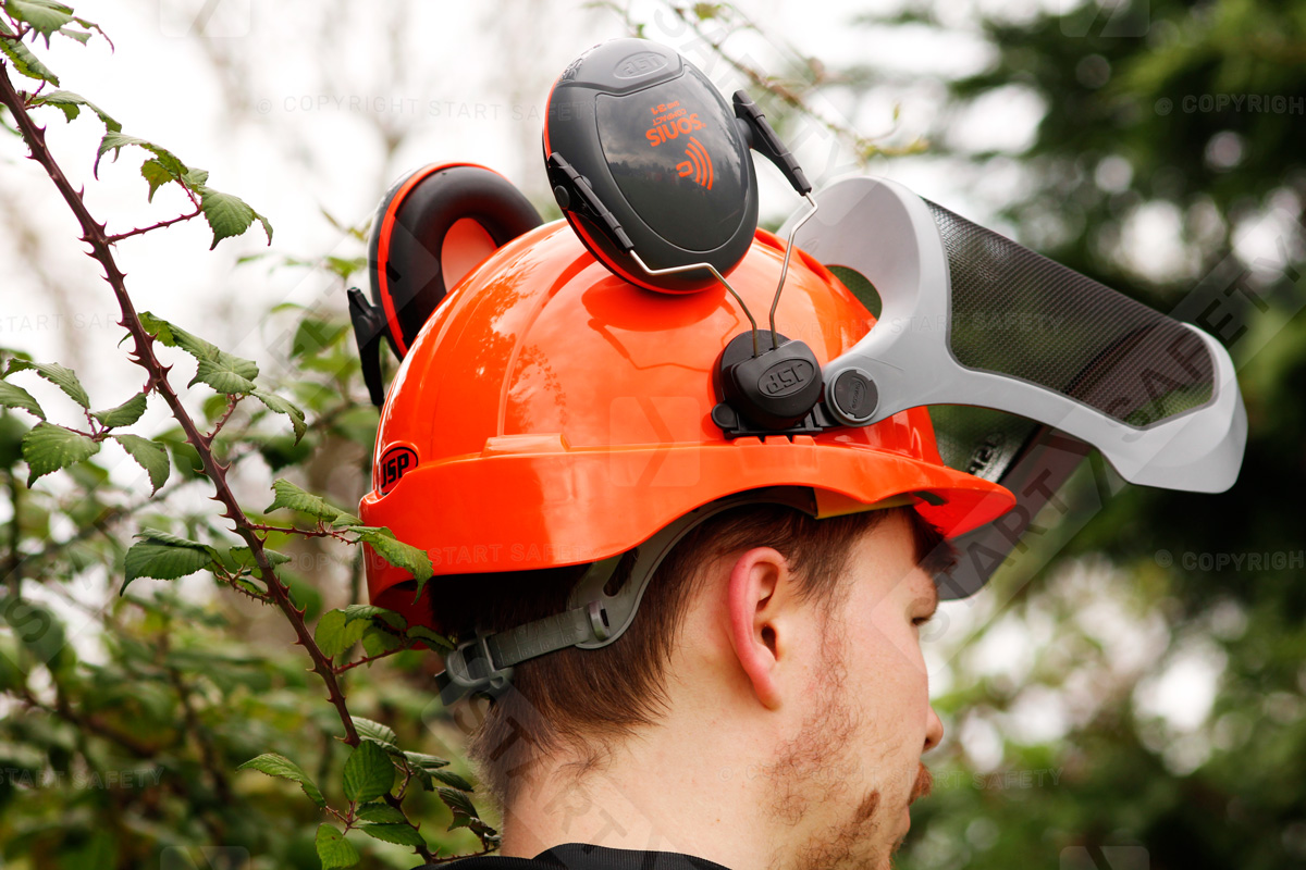Forestry Helmet Mounted Ear Defenders In Upward Position