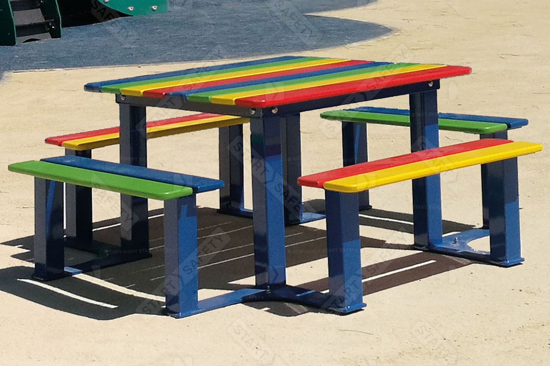 Colourful Picnic Bench For Children Installed Near Slide Set