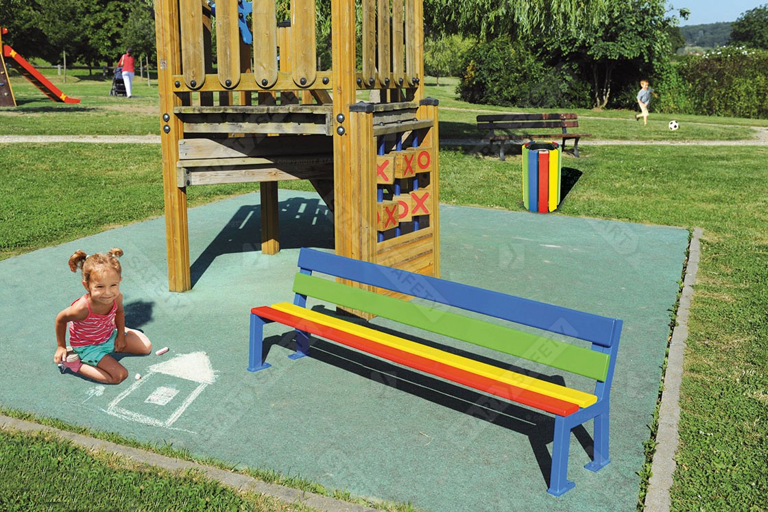 Vibrant Bin For Children Installed In A PLayground With Other Child Friendly Street Furniture
