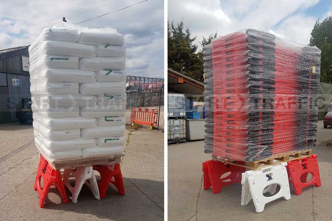 Alphablocs taking the weight of a full pallet of Titan Barriers