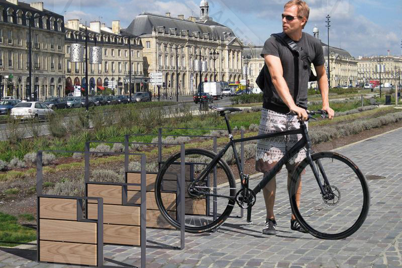 Kube bike stand with wooden infill in city