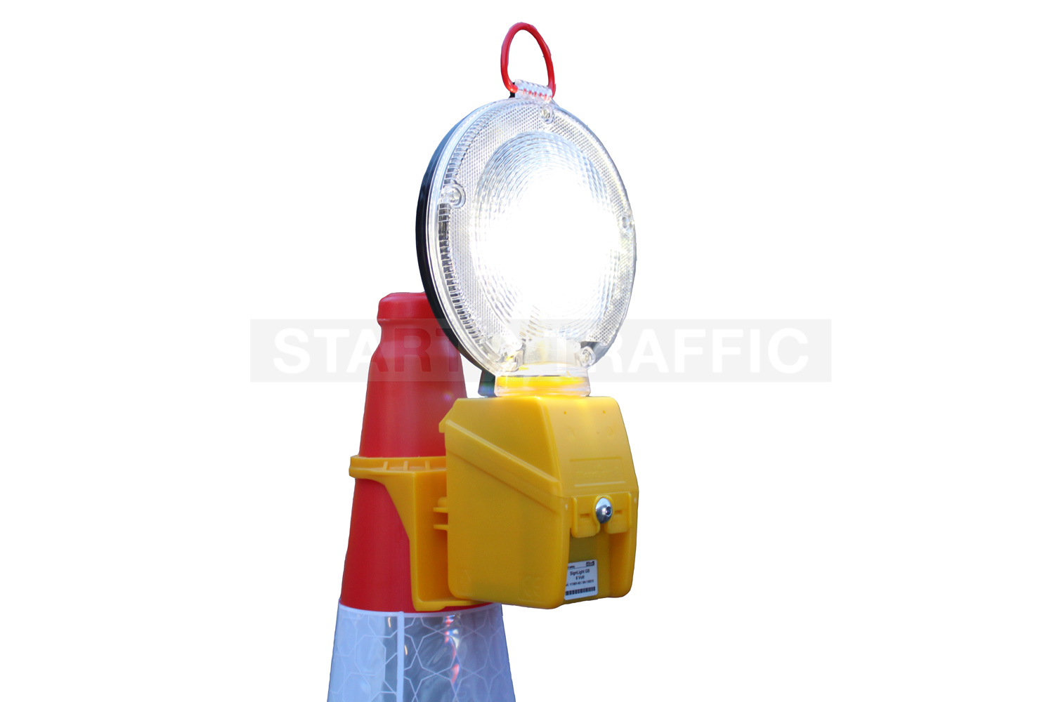 Shot of the lamp mounted onto a traffic cone