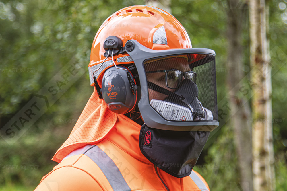 Forestry Worker Wearing Helmet With Visor And Respiratory Protection