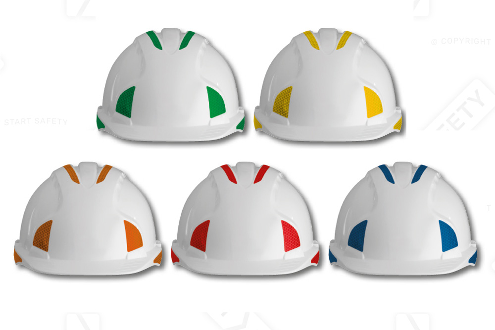 White Hard Hats With Different Coloured Reflective Stickers