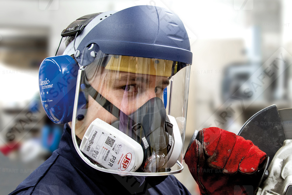 Worker With Clear Full Face Visor