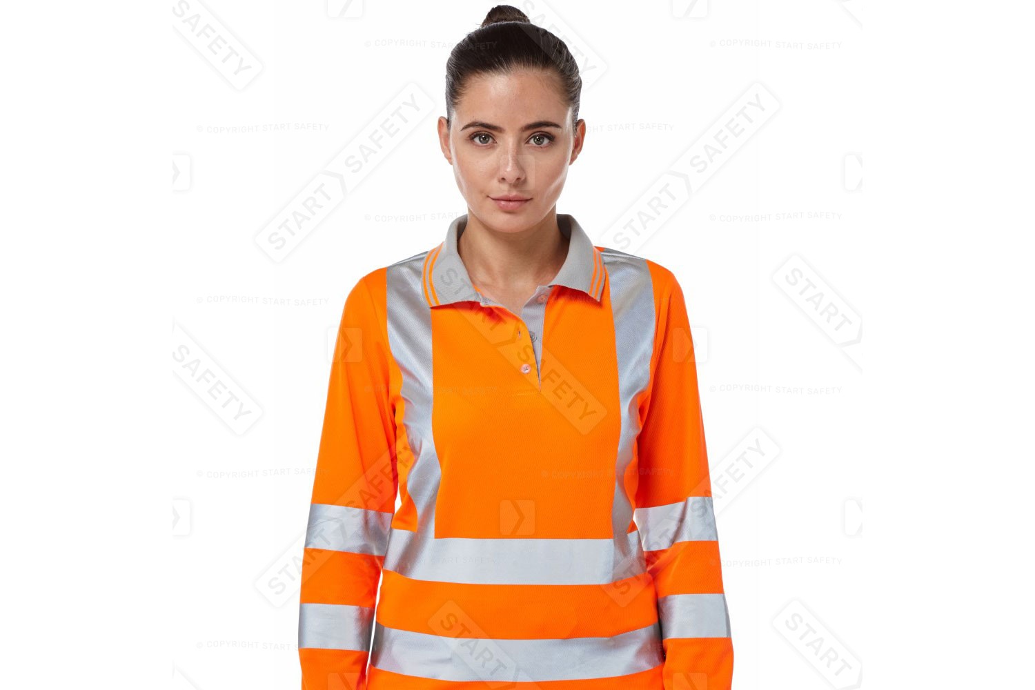 Woman Wearing A Pulsar P703 Long Sleeved Orange Hi Vis Polo Shirt