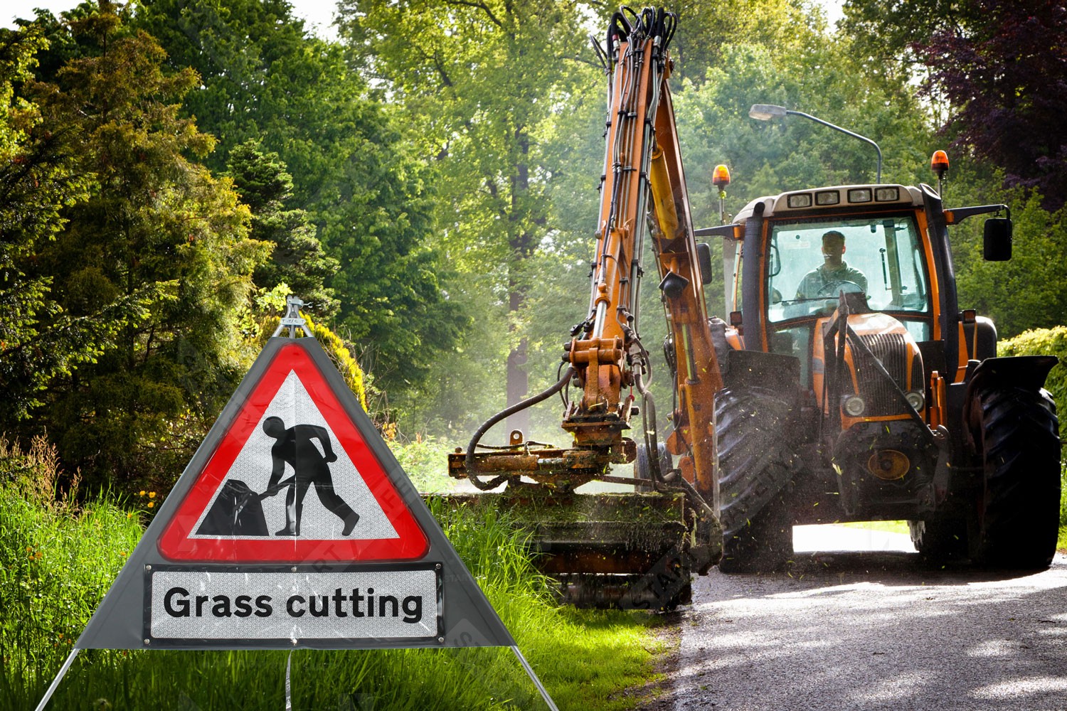 Grass Cutting Foldable Men At Work Sign In Use