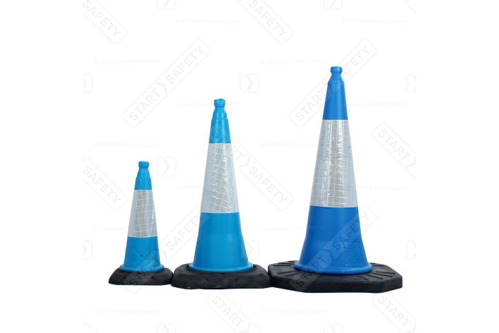 Blue and White Traffic Cones With Reflective Sleeves