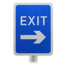 Blue Car Park Exit Sign (With Arrow) Post Mounted R2/RA2