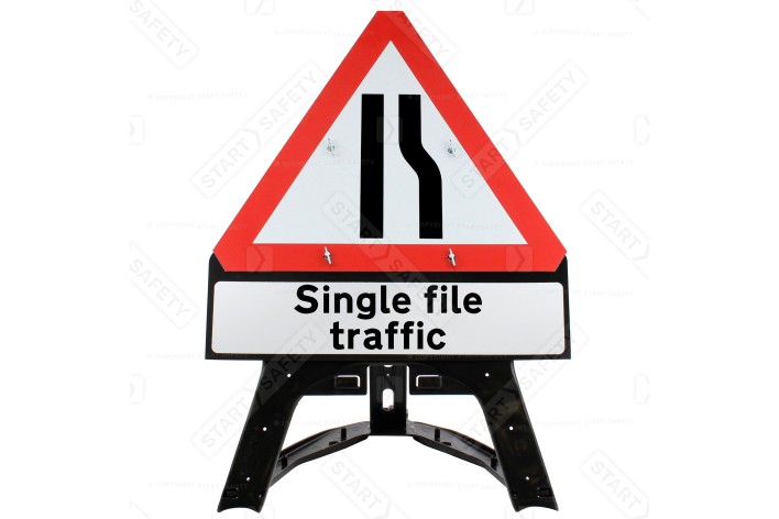 Road Narrows Right With 'Single file traffic' QuickFit EnduraSign 517 Inc. Stand & Face