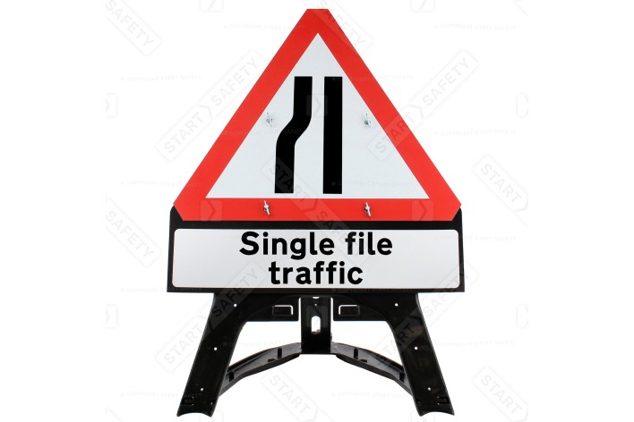 Road Narrows Left With 'Single file traffic' QuickFit EnduraSign 517 Inc. Stand & Face