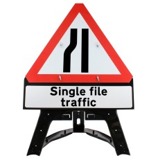 Road Narrows Left Inc. 'Single file traffic' Sup. Plate Sign QuickFit EnduraSign Dia. 517
