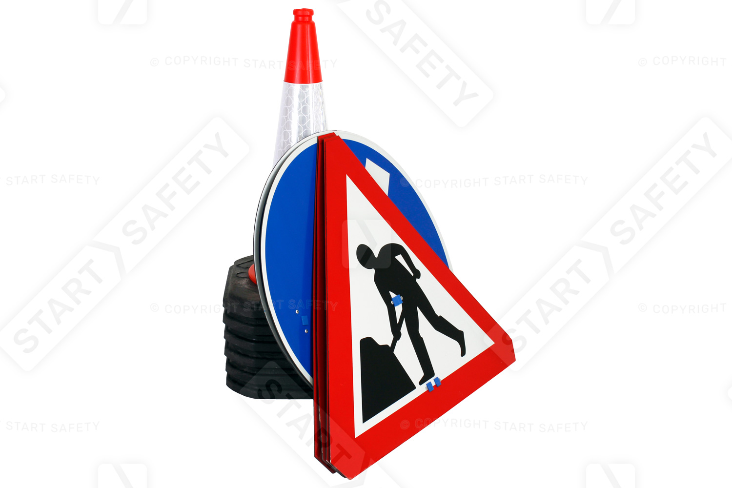 Selection of cone signs leaning against a stack of cones