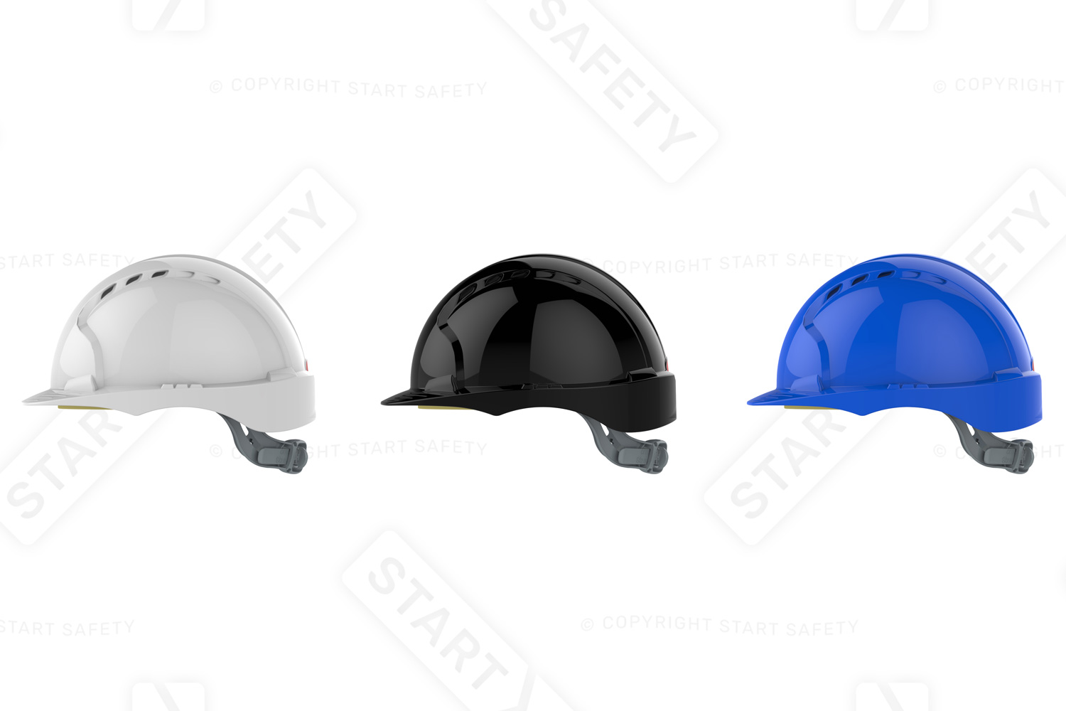 White Blue And Black Hard Hats