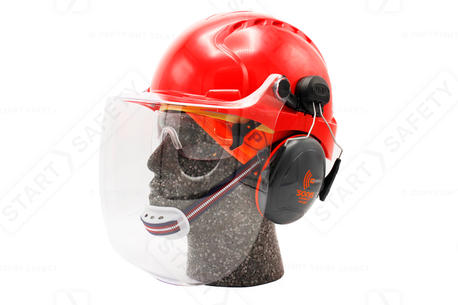 A Hard Hat With Ear Defenders, Face Shield, Chin Strap, Integrated Safety Spectacles And Thermal Liner