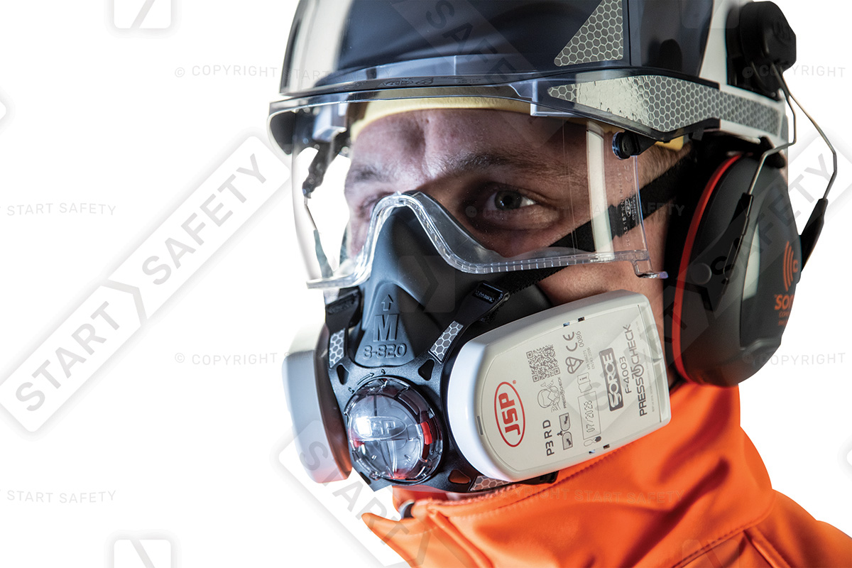 Person Wearing Vistalens With Integrated Eye Protection And Respiratory Protection