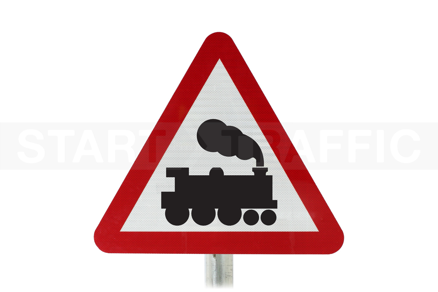 railway level crossing without a gate or barrier ahead Post Mounted sign